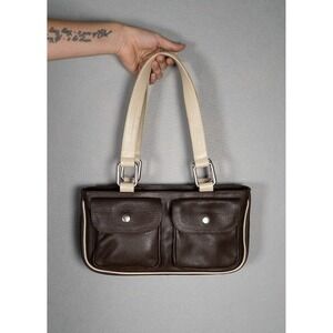 Dulce Womens Shoulder Bag Baguette Cargo Pocket Pebbled Leather Brown Cream Y2K
